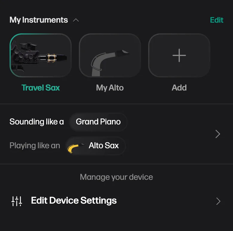 The My Instruments screen in Odisei Play, with a Travel Sax and a second saved instrument side by side, and a button to add another.