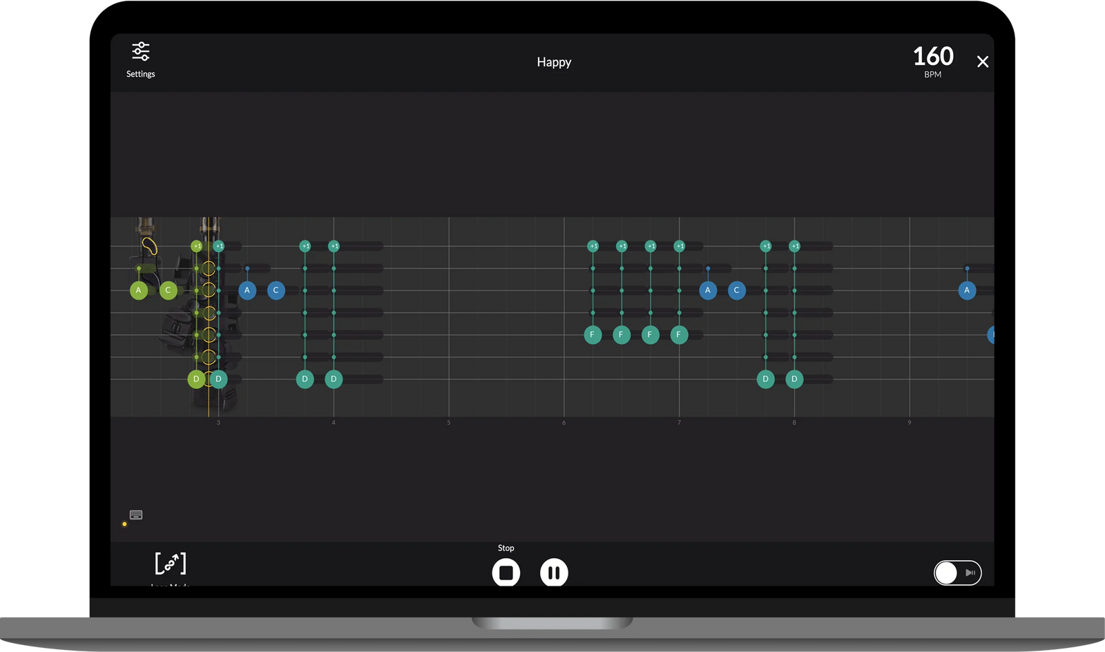 Odisei Play on a MacBook, showing coloured note bubbles light up on the staff while playing along to a song at 160 BPM.